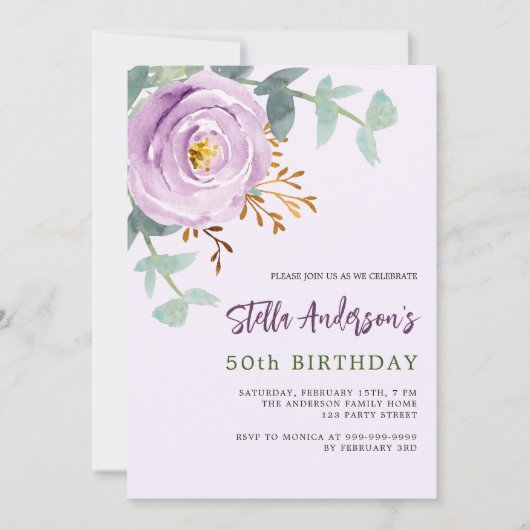 薄紫紫のバラフローラの緑の誕生日 招待状 (正面)