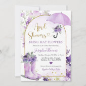 薄紫紫の傘4月シャワー赤ちゃんシャワー 招待状 (正面)