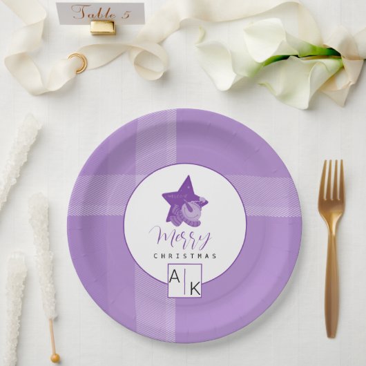 薄紫紫エレガントタータンチェックモノグラム ペーパープレート (ウェディング)