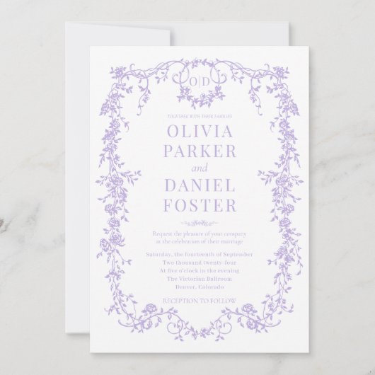 薄紫紫フォトフローラビクトリアン結婚の 招待状 (正面)