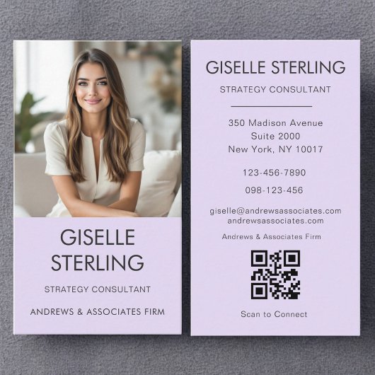 薄紫紫ミニマル写真QRコードモダン 名刺
