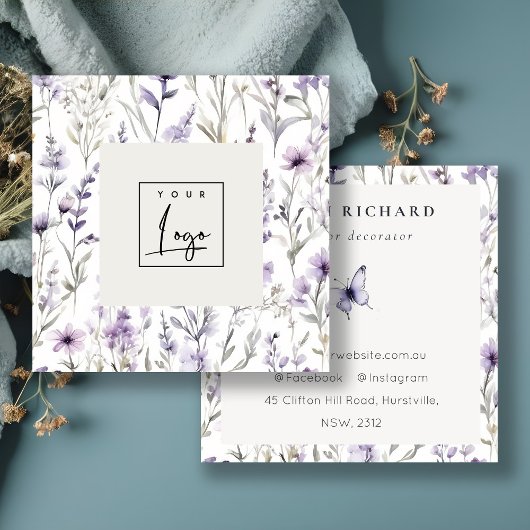 薄紫紫ワイルドフラワー蝶の水色のロゴ スクエア名刺