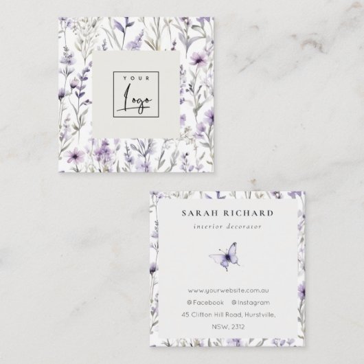 薄紫紫ワイルドフラワー蝶の水色のロゴ スクエア名刺 (正面/裏面)