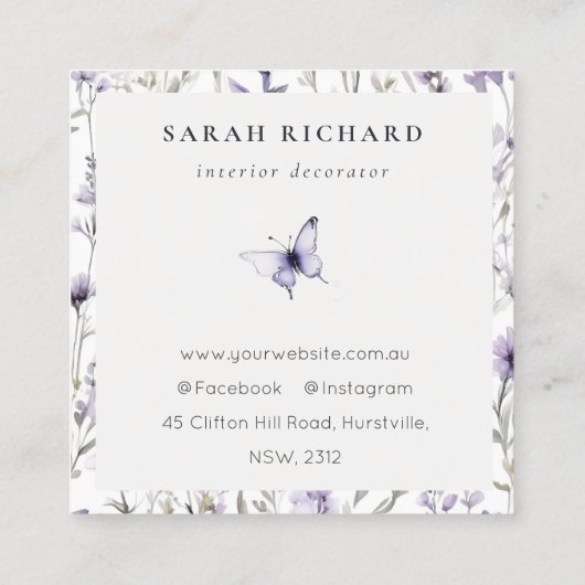 薄紫紫ワイルドフラワー蝶の水色のロゴ スクエア名刺 (裏面)