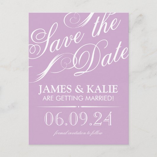 薄紫紫ヴィンテージスクリプト日付の保存 案内ポストカード (正面)