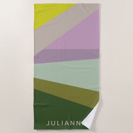 薄紫緑のジオメトリカラーブロパーソナライズされたック ビーチタオル (正面)