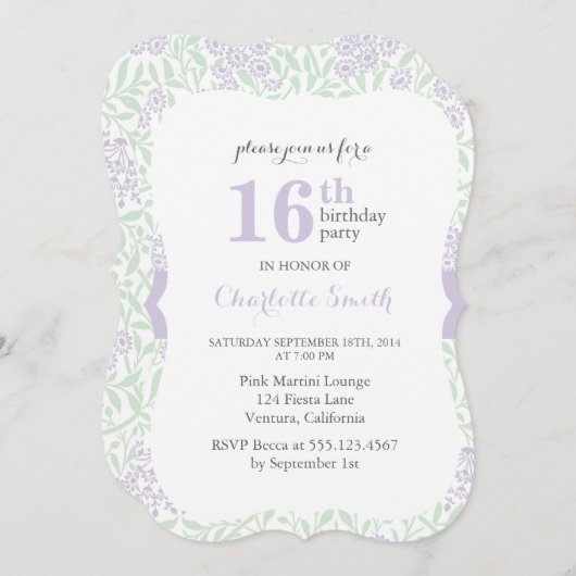 薄紫緑花柄誕生日 招待状 (正面/裏面)