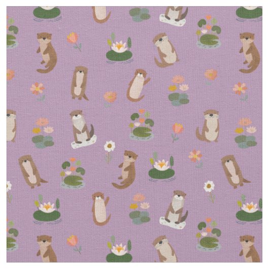 薄紫色のカワウソとはすの葉 ファブリック (クローズアップ)