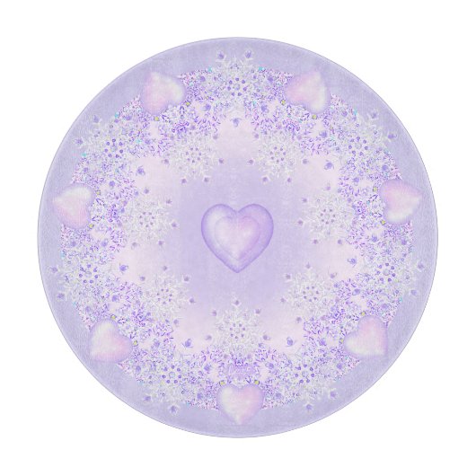薄紫色のスノーフレークとキラキラしたハート カッティングボード (正面)