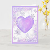 薄紫色のスノーフレークとキラキラしたハート カード (黄色い花)