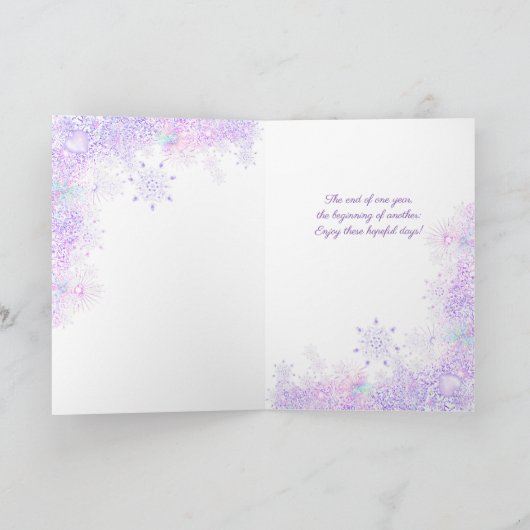 薄紫色のスノーフレークとキラキラしたハート カード (内部)