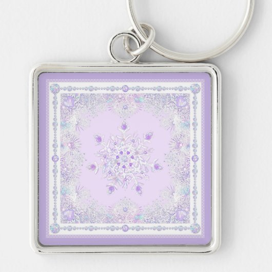 薄紫色のスノーフレークとキラキラしたハート キーホルダー (正面)