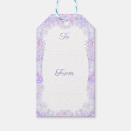 薄紫色のスノーフレークとキラキラしたハート ギフトタグ
