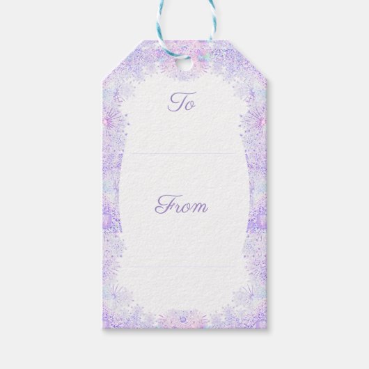 薄紫色のスノーフレークとキラキラしたハート ギフトタグ (正面)
