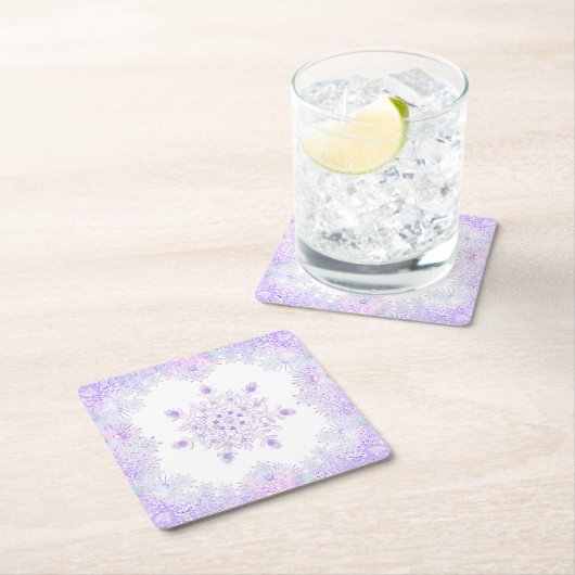 薄紫色のスノーフレークとキラキラしたハート スクエアペーパーコースター (インサイチュ)