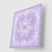 薄紫色のスノーフレークとキラキラしたハート スクエア壁時計 (傾斜)