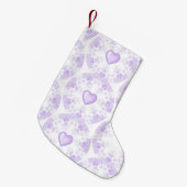 薄紫色のスノーフレークとキラキラしたハート スモールクリスマスストッキング (正面 (吊り時))