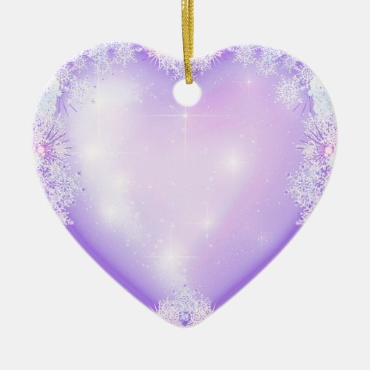 薄紫色のスノーフレークとキラキラしたハート セラミックオーナメント (正面)