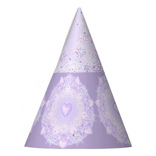 薄紫色のスノーフレークとキラキラしたハート パーティーハット (左)