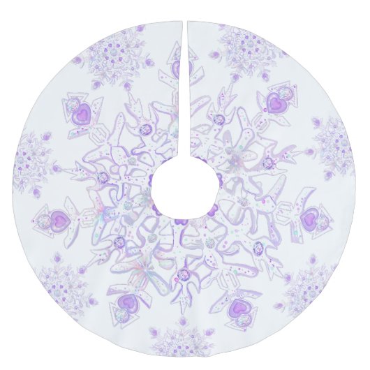 薄紫色のスノーフレークとキラキラしたハート ブラッシュドポリエステルツリースカート (正面)