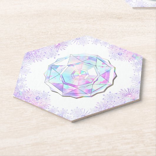 薄紫色のスノーフレークとキラキラしたハート ペーパーコースター (アングル)