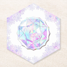 薄紫色のスノーフレークとキラキラしたハート ペーパーコースター