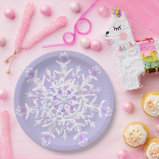 薄紫色のスノーフレークとキラキラしたハート ペーパープレート (パーティー)