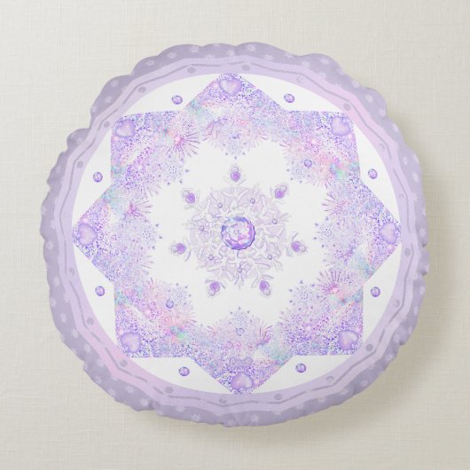 薄紫色のスノーフレークとキラキラしたハート ラウンドクッション (正面)