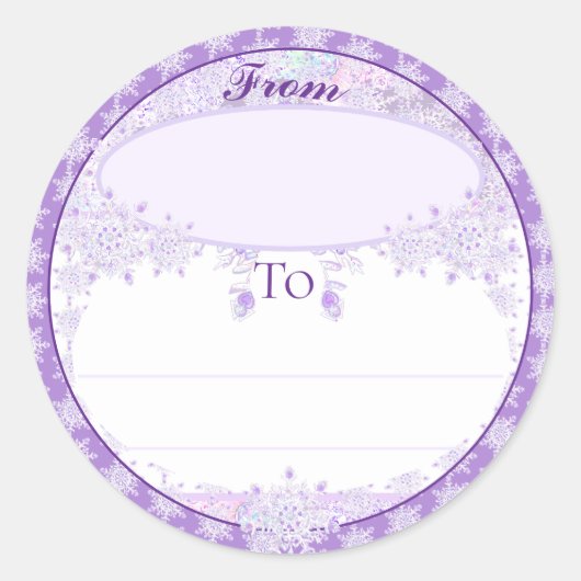 薄紫色のスノーフレークとキラキラしたハート ラウンドシール (正面)