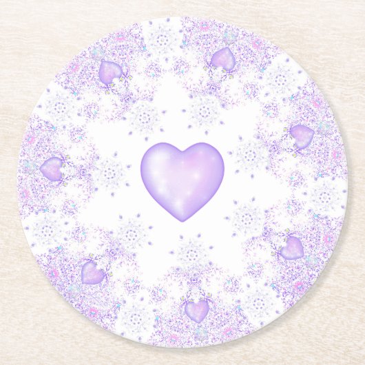 薄紫色のスノーフレークとキラキラしたハート ラウンドペーパーコースター (正面)