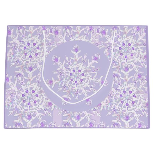 薄紫色のスノーフレークとキラキラしたハート ラージペーパーバッグ (正面)