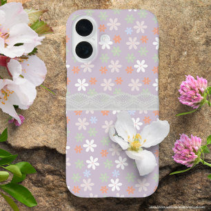 薄紫色の背景にレースのブルーミー模様 iPhone 16ケース