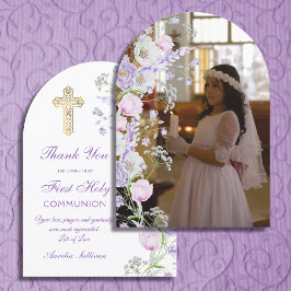 薄紫花アーチ最初の聖体サンキューカード 招待状