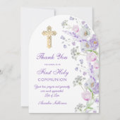 薄紫花アーチ最初の聖体サンキューカード 招待状 (裏面)