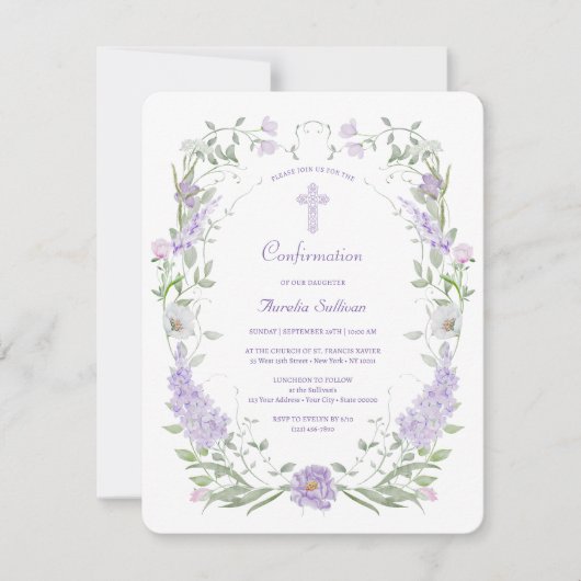 薄紫花枠確認 招待状 (正面)