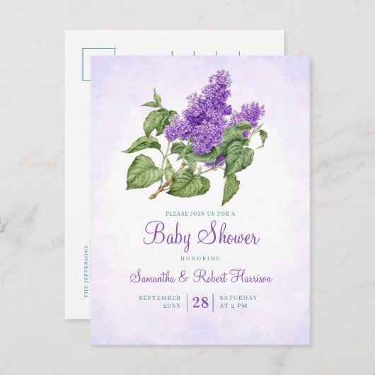 薄紫花植物紫色の緑の赤ちゃんシャワー インビテーションポストカード (正面/裏面)