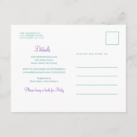 薄紫花植物紫色の緑の赤ちゃんシャワー インビテーションポストカード (裏面)