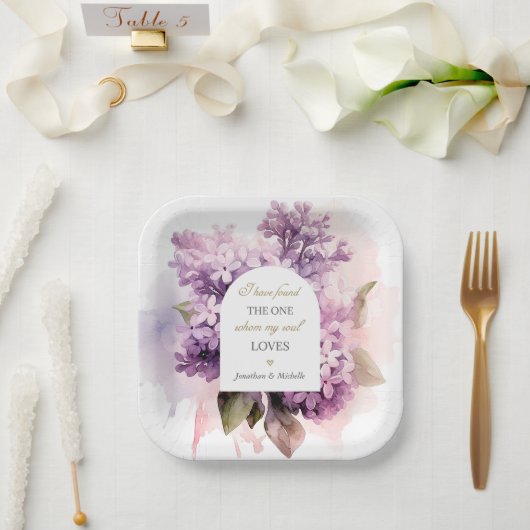 薄紫花水彩画結婚像の聖句 ペーパープレート (ウェディング)