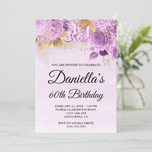 薄紫花金箔水彩60誕生日 招待状 (スタンド正面)