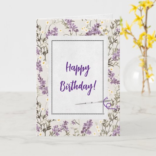薄紫花針誕生日 カード (黄色い花)