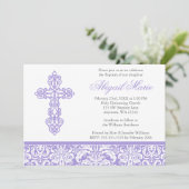 薄紫華美クロスダマスクガールバプテスマ《キリスト教》洗礼式や命名式 招待状 (スタンド正面)