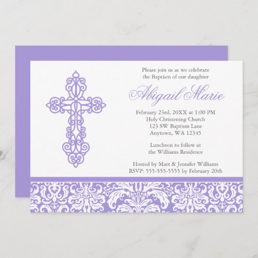 薄紫華美クロスダマスクガールバプテスマ《キリスト教》洗礼式や命名式 招待状 (正面/裏面)