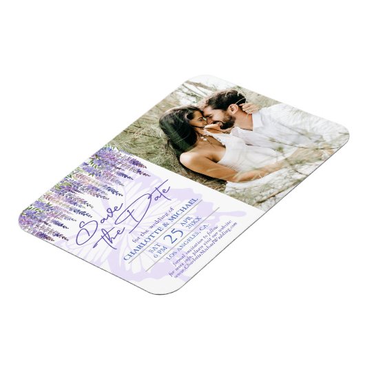 薄紫藤の庭園の結婚式写真の保存日付 マグネット (左側)