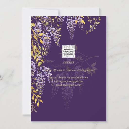薄紫藤パープルウェディング日付を保存 招待状 (裏面)