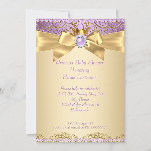 薄紫金ゴールドバレリーナプリンセスベビーシャワーエスニック 招待状 (裏面)