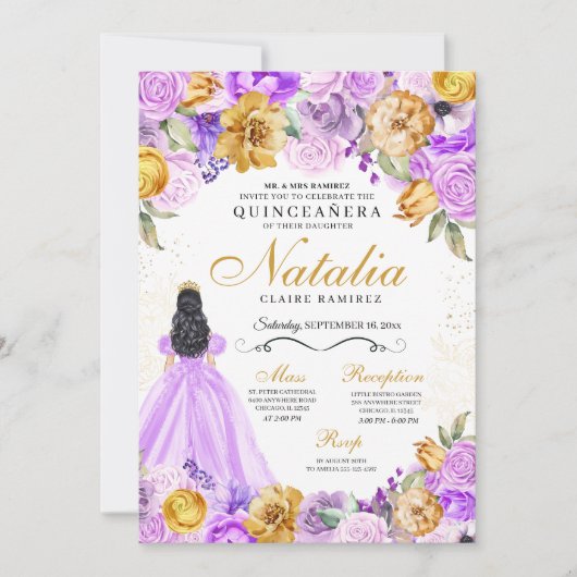 薄紫金ゴールドプリンセスグリッターティアラキンセアニェラ 招待状 (正面)