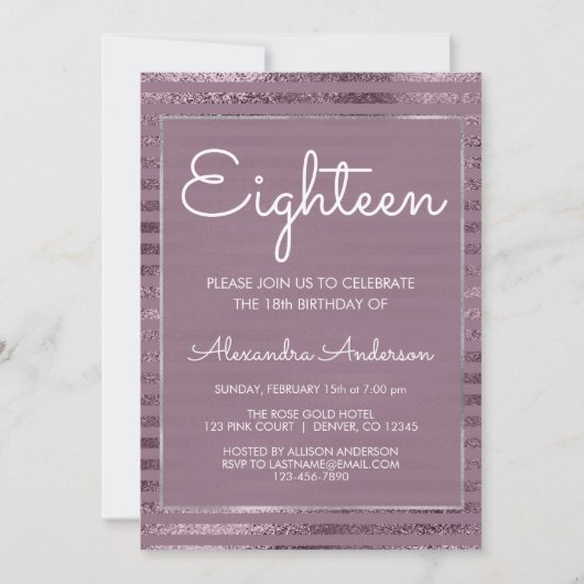 薄紫金属箔18歳の誕生日パーティー 招待状 (正面)