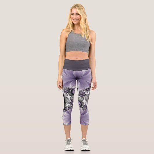 薄紫錯覚抽象芸術フローラフラクタル美術ファンタジー カプリレギンス (正面)