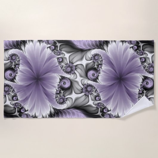 薄紫錯覚抽象芸術フローラフラクタル美術ファンタジー ビーチタオル (正面)