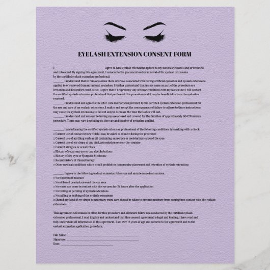 薄紫革まつ毛の延長の同意型枠 チラシ (正面)